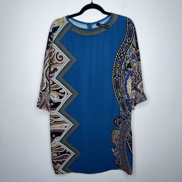 Etro Women’s 100% Silk Mixed Print Shift Dress Blue Size 42 - Picture 1 of 6